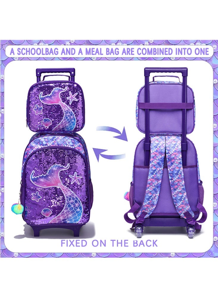 JCB CHIC مجموعة من 3 قطع حقيبة ظهر متدحرجة للأطفال، حقيبة كرتونية لطيفة ذات عجلتين مع صندوق غداء وحقيبة أقلام، حقيبة سفر متعددة الجيوب للأطفال، حقيبة يد للأطفال الصغار في المرحلة الابتدائية - Image 3