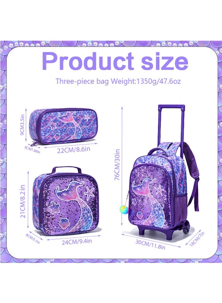 JCB CHIC مجموعة من 3 قطع حقيبة ظهر متدحرجة للأطفال، حقيبة كرتونية لطيفة ذات عجلتين مع صندوق غداء وحقيبة أقلام، حقيبة سفر متعددة الجيوب للأطفال، حقيبة يد للأطفال الصغار في المرحلة الابتدائية - Image 2