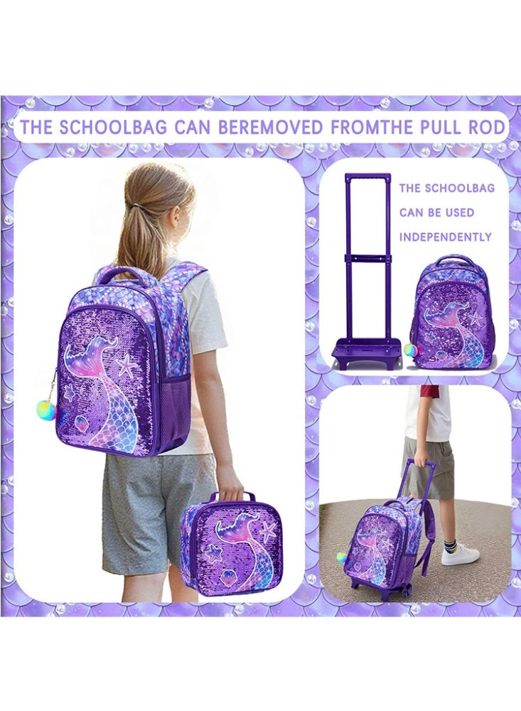 JCB CHIC مجموعة من 3 قطع حقيبة ظهر متدحرجة للأطفال، حقيبة كرتونية لطيفة ذات عجلتين مع صندوق غداء وحقيبة أقلام، حقيبة سفر متعددة الجيوب للأطفال، حقيبة يد للأطفال الصغار في المرحلة الابتدائية - Image 4