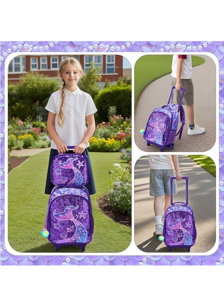 JCB CHIC مجموعة من 3 قطع حقيبة ظهر متدحرجة للأطفال، حقيبة كرتونية لطيفة ذات عجلتين مع صندوق غداء وحقيبة أقلام، حقيبة سفر متعددة الجيوب للأطفال، حقيبة يد للأطفال الصغار في المرحلة الابتدائية - Image 5