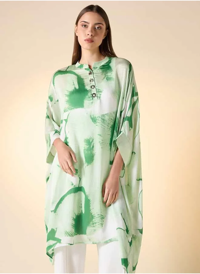 ايكونيك Iconic Printed Top with Mandarin Collar and Extended Sleeves