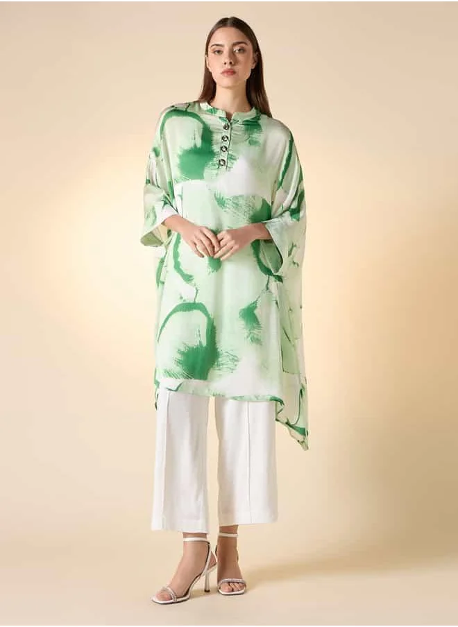 ايكونيك Iconic Printed Top with Mandarin Collar and Extended Sleeves
