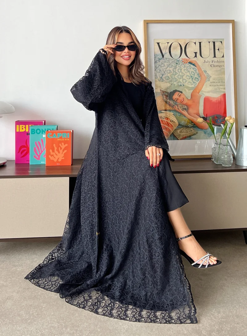 Lusin Abaya black Lace Semi-Flared Abay