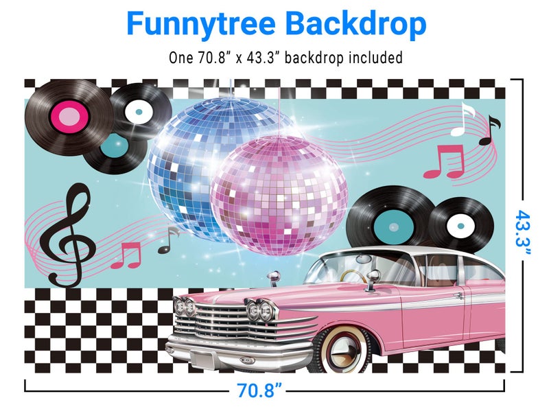 Funnytree 50s Retro Rock N Roll Diner Party Backdrop Car Sock Hop Dance Cosplay Prom Photography Background Classic 1950s Baby Birthday Wedding Banner Cake Table Decoration Photo Booth - Image 2