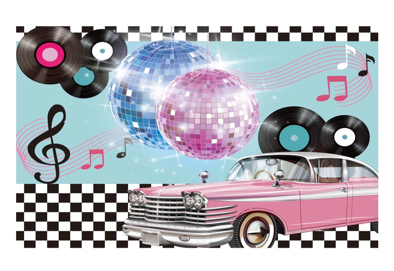 Funnytree 50s Retro Rock N Roll Diner Party Backdrop Car Sock Hop Dance Cosplay Prom Photography Background Classic 1950s Baby Birthday Wedding Banner Cake Table Decoration Photo Booth - Image 1