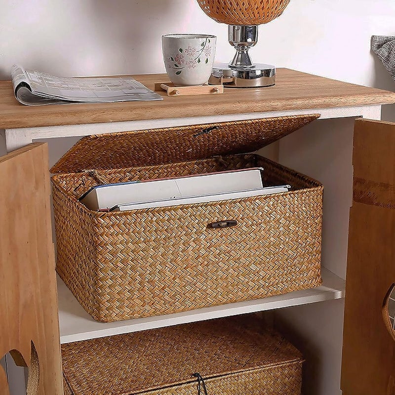 Esoes Wicker Storage Basket Woven Rattan Storage Box With Lids Seagrass Laundry Baskets Makeup Organizer For Bathroom, Living Room, Kitchen (XL) - Image 3