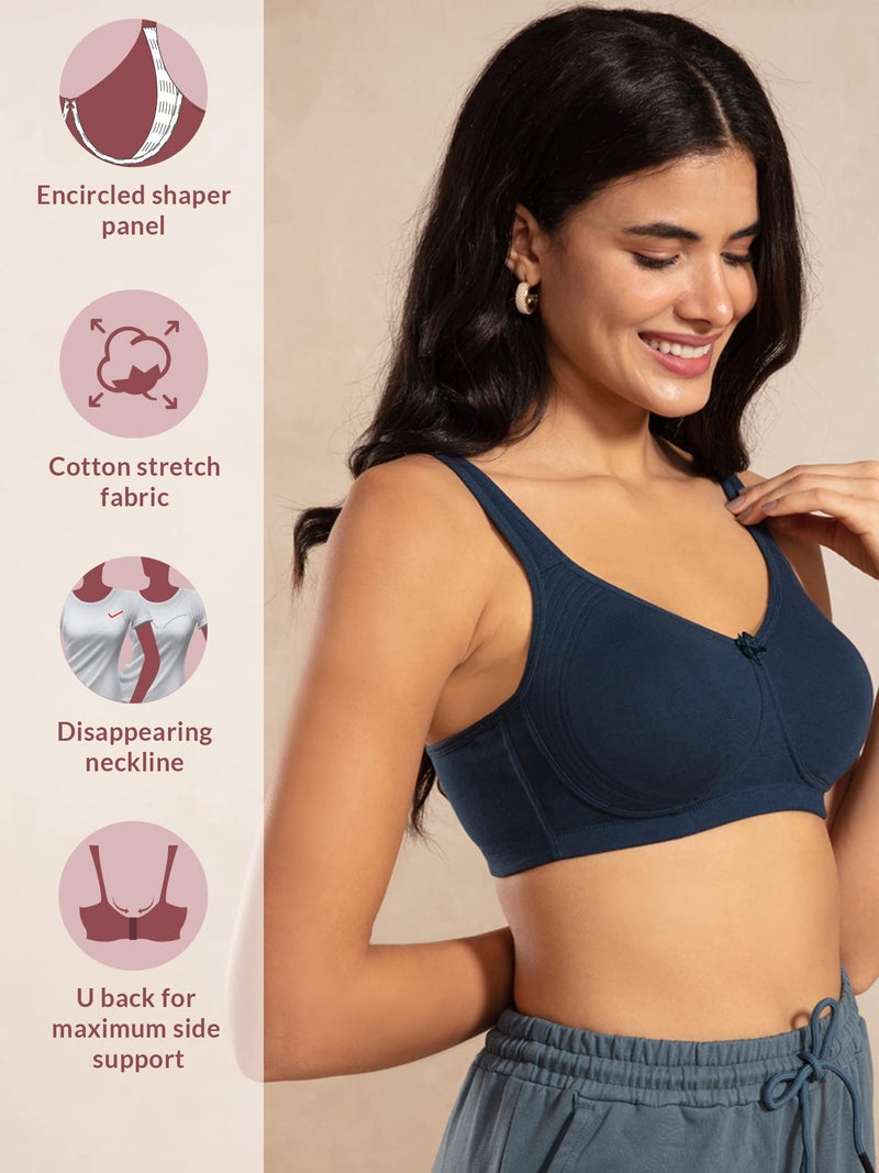 NYKD (NYB169 Cotton Anti Microbial Non Padded & Non Wired Side Support Shaper Bra for Women | Full Coverage Bra with Detailed Contoured Lift & Shape with Wide Straps - Dark Blue - Image 2