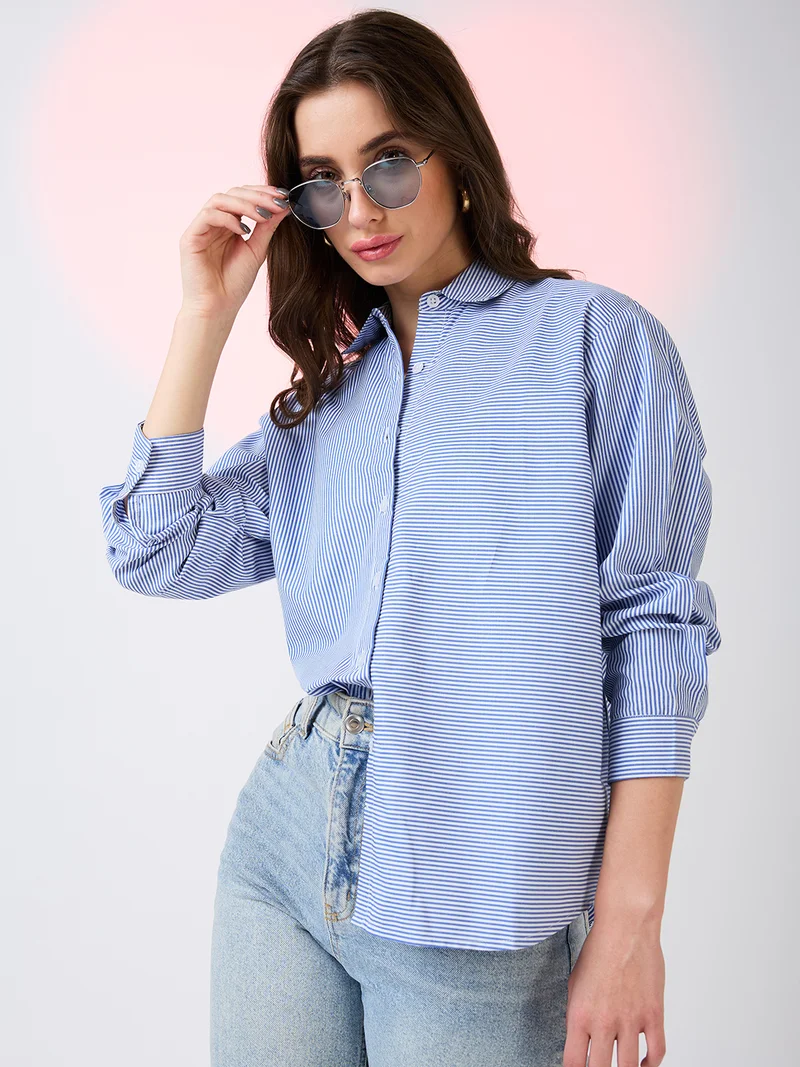globus Women Collared Neck Cuffed Sleeves Striped Pattern Shirt Style Work Wear Top