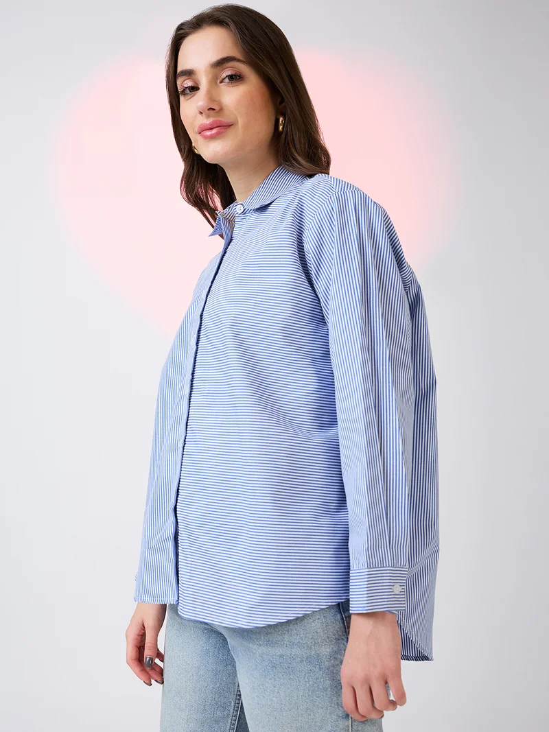 globus Women Collared Neck Cuffed Sleeves Striped Pattern Shirt Style Work Wear Top