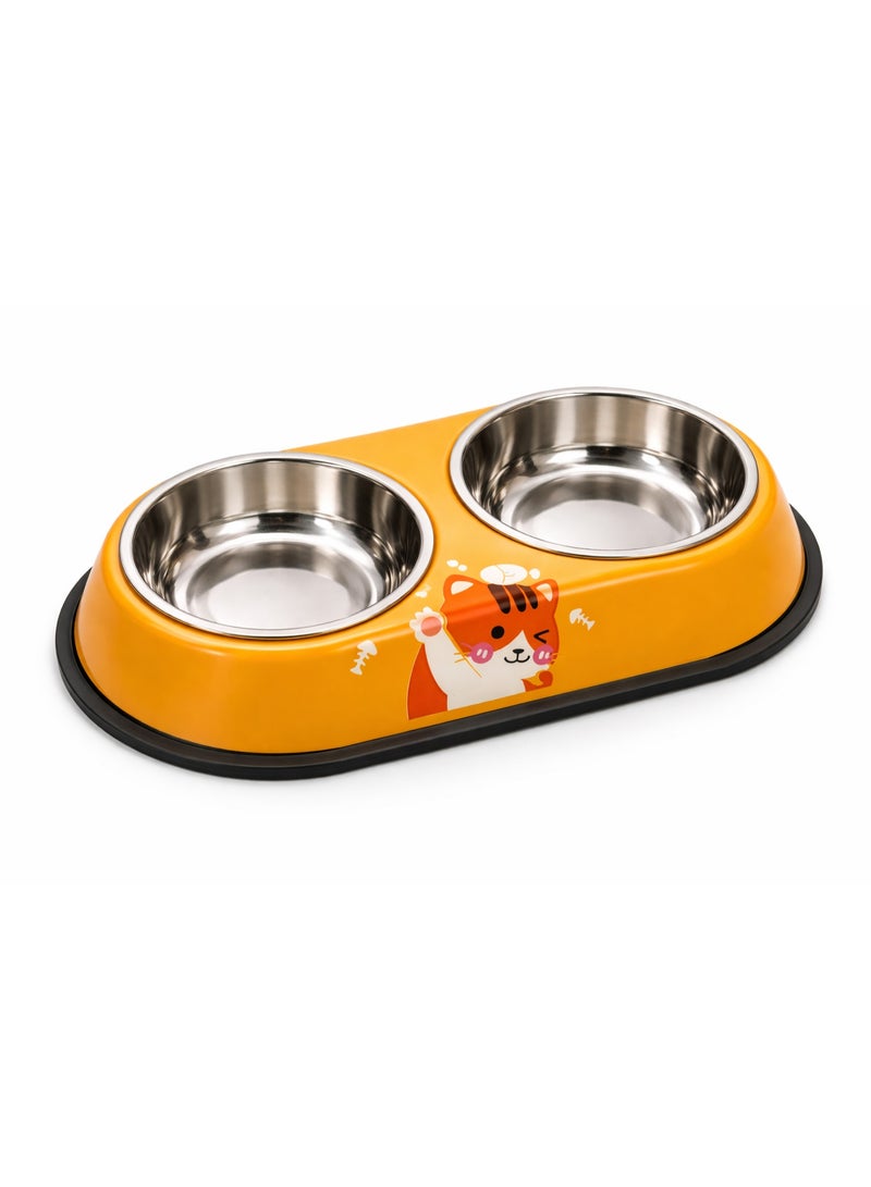 Double Stainless Steel Pet Bowl Set for Dogs and Cats, Cute Cartoon Design, Large, 15 cm per Side - Image 3