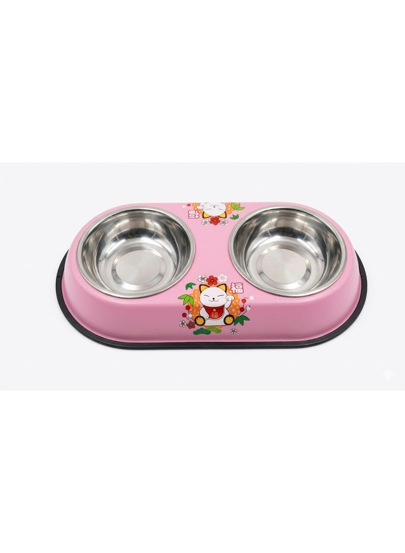 Double Stainless Steel Pet Bowl Set for Dogs and Cats, Cute Cartoon Design, Large, 15 cm per Side - Image 4