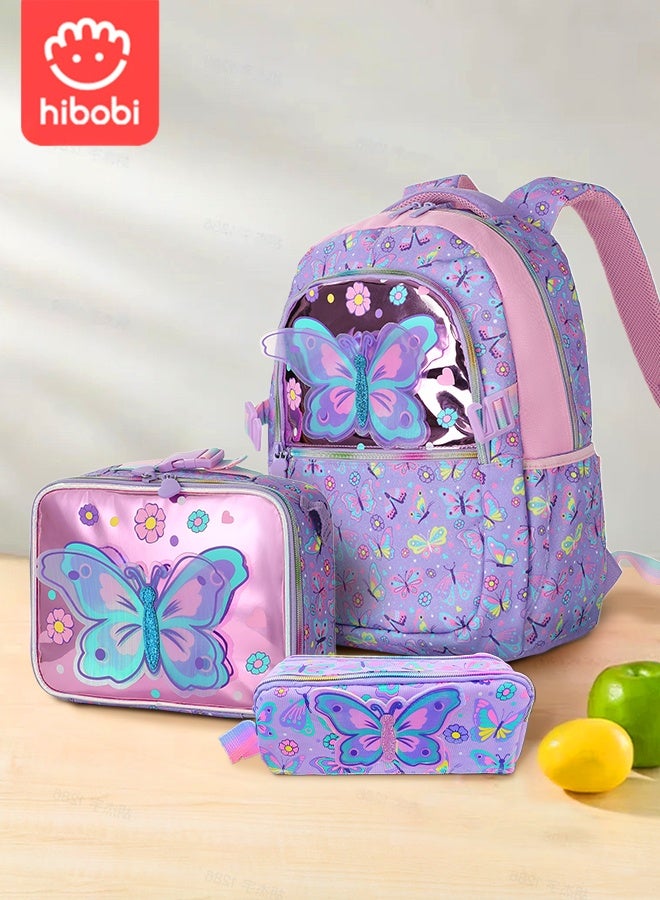 hibobi Girls' 3-Piece School Backpack Set｜Butterfly Backpack + Lunch Bag + Pencil Case｜Sparkly Dreamy Design｜Lightweight & Ergonomic｜Large Capacity & Water-Resistant｜Perfect Back-to-School Gift for Grades 3–6  - Image 1