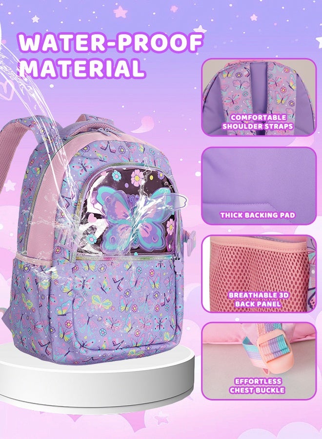 hibobi Girls' 3-Piece School Backpack Set｜Butterfly Backpack + Lunch Bag + Pencil Case｜Sparkly Dreamy Design｜Lightweight & Ergonomic｜Large Capacity & Water-Resistant｜Perfect Back-to-School Gift for Grades 3–6  - Image 5