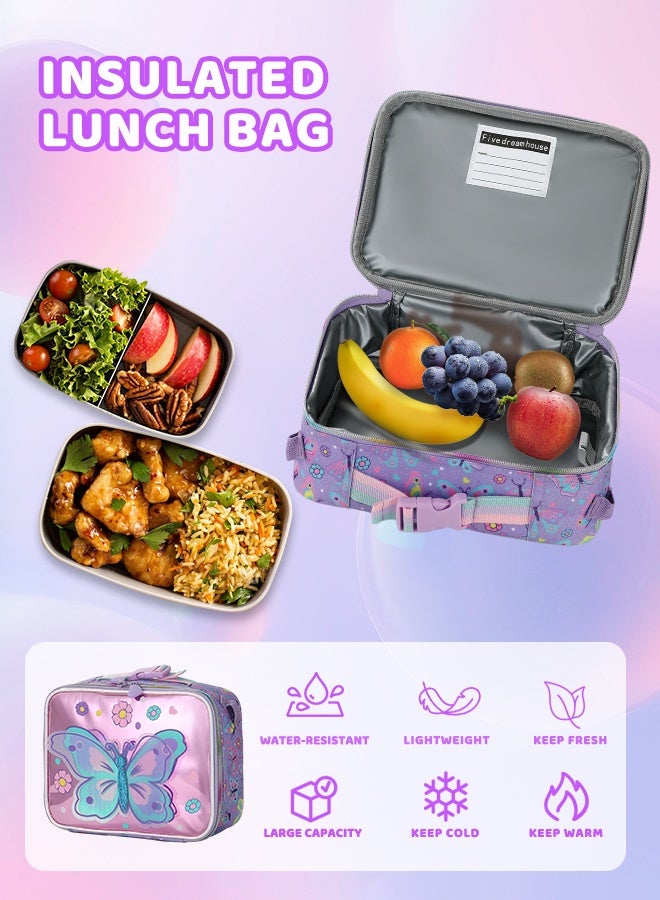 hibobi Girls' 3-Piece School Backpack Set｜Butterfly Backpack + Lunch Bag + Pencil Case｜Sparkly Dreamy Design｜Lightweight & Ergonomic｜Large Capacity & Water-Resistant｜Perfect Back-to-School Gift for Grades 3–6  - Image 3