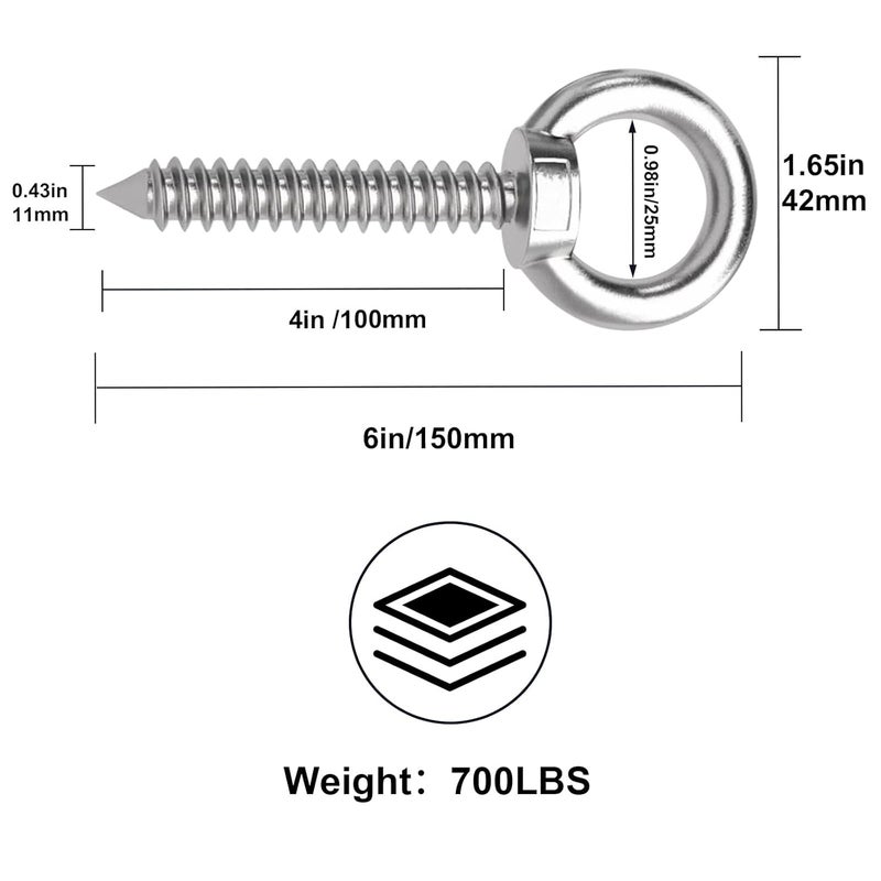 WUAGNCK 6 Inch Heavy Duty Screw Eyes Hooks ，4Pcs Self Tapping Eyelet Screw Eye Bolt，Load Capacity 700 Lbs，Wooden Large Screw Eye Hook ，for Hanging, Tie-Downs, Heavy-Duty Applications. - Image 2