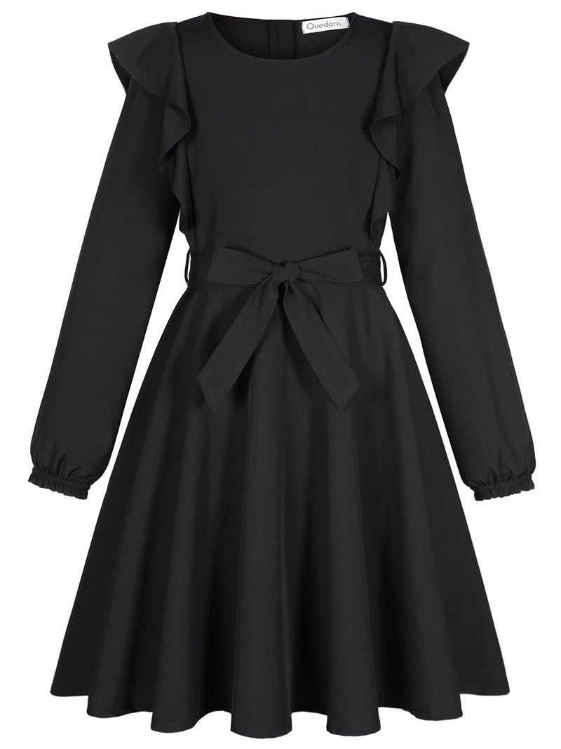 Quedoris Girls Ruffle Trim Long Sleeve Belted Dress with Zipper Black Fall 160Y - Image 3