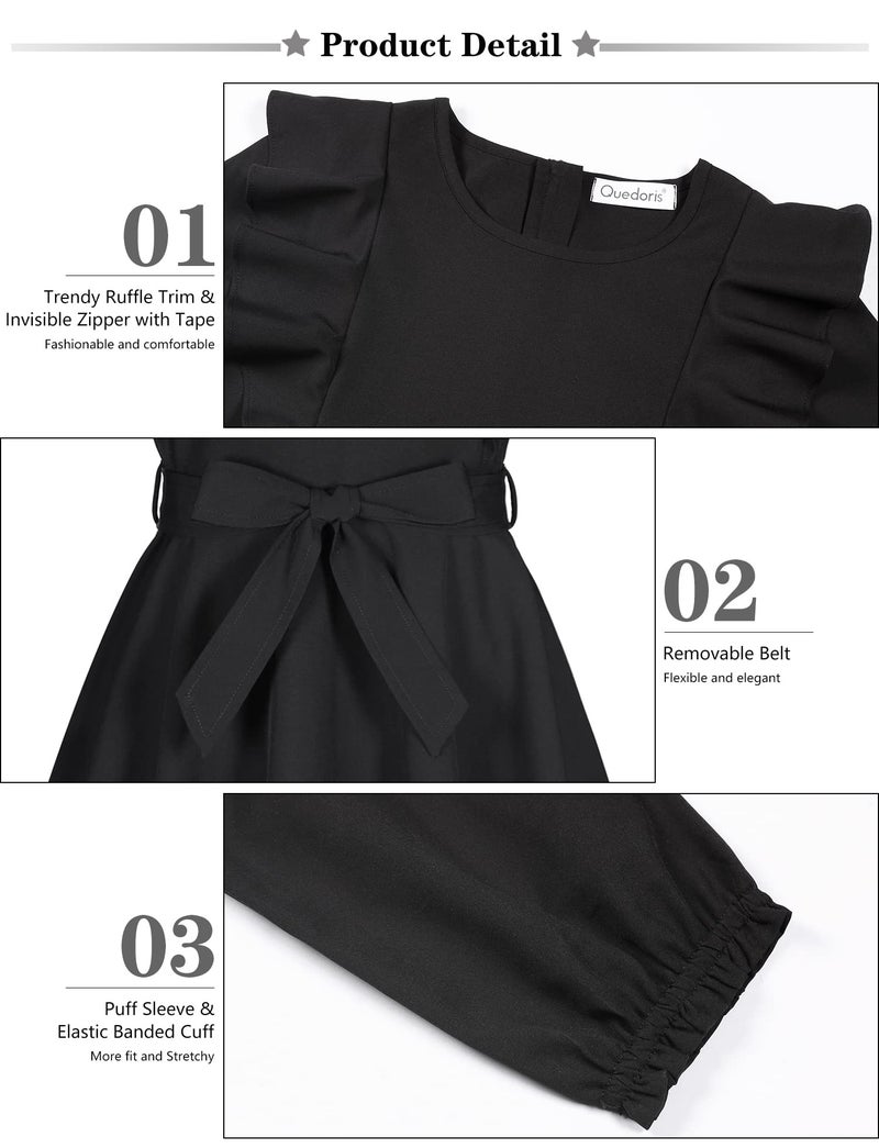 Quedoris Girls Ruffle Trim Long Sleeve Belted Dress with Zipper Black Fall 160Y - Image 5