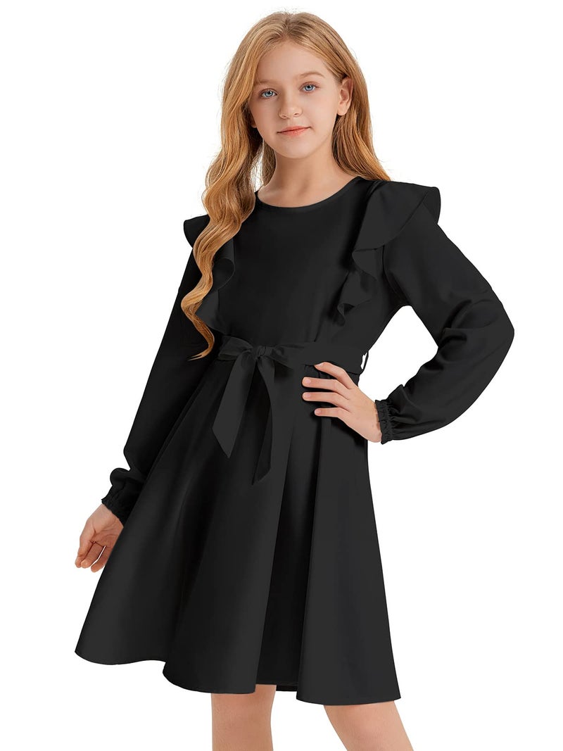 Quedoris Girls Ruffle Trim Long Sleeve Belted Dress with Zipper Black Fall 160Y - Image 1