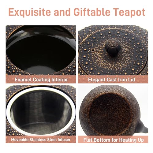YJX 60.9oz Large Cast Iron Teapot for Stovetop Safe, 6 Cup Tea Kettle, Japanese Tetsubin, Teapot with Stainless Steel Infuser for Loose Tea, Tea Pot Enameled Interior (1.7QT/1.8L) - Image 4