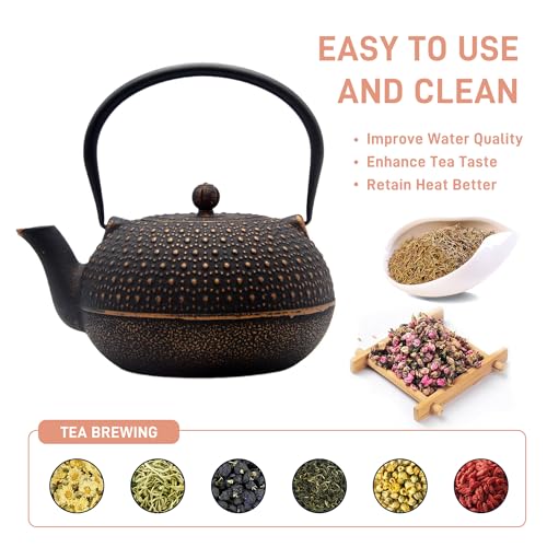 YJX 60.9oz Large Cast Iron Teapot for Stovetop Safe, 6 Cup Tea Kettle, Japanese Tetsubin, Teapot with Stainless Steel Infuser for Loose Tea, Tea Pot Enameled Interior (1.7QT/1.8L) - Image 3