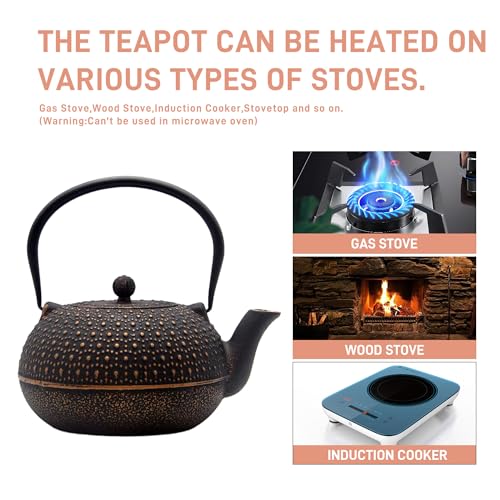 YJX 60.9oz Large Cast Iron Teapot for Stovetop Safe, 6 Cup Tea Kettle, Japanese Tetsubin, Teapot with Stainless Steel Infuser for Loose Tea, Tea Pot Enameled Interior (1.7QT/1.8L) - Image 2