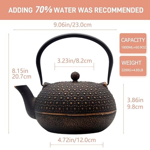 YJX 60.9oz Large Cast Iron Teapot for Stovetop Safe, 6 Cup Tea Kettle, Japanese Tetsubin, Teapot with Stainless Steel Infuser for Loose Tea, Tea Pot Enameled Interior (1.7QT/1.8L) - Image 5