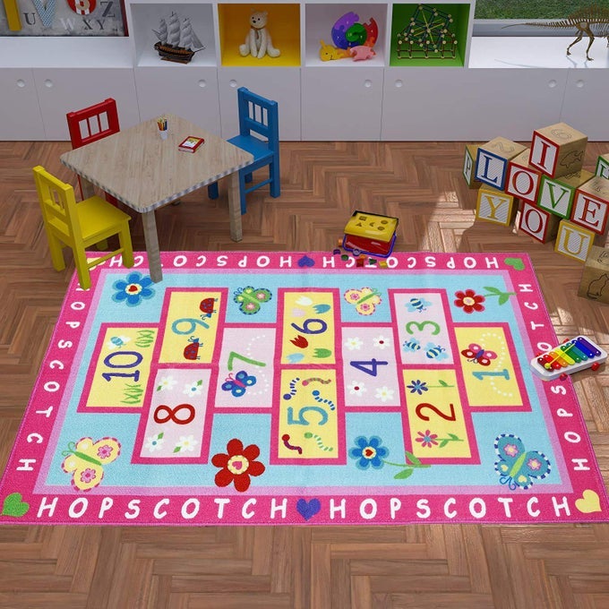 PINK GIRLS RUG PINK KIDS RUG HOPSCOTCH RUG CHILDRENS RUGS BABY NURSERY RUGS KIDS RUGS CARPET GIRLS BEDROOM PLAYROOM PLAY MAT SCHOOL CLASSROOM LEARNING CARPET EDUCATIONAL RUG