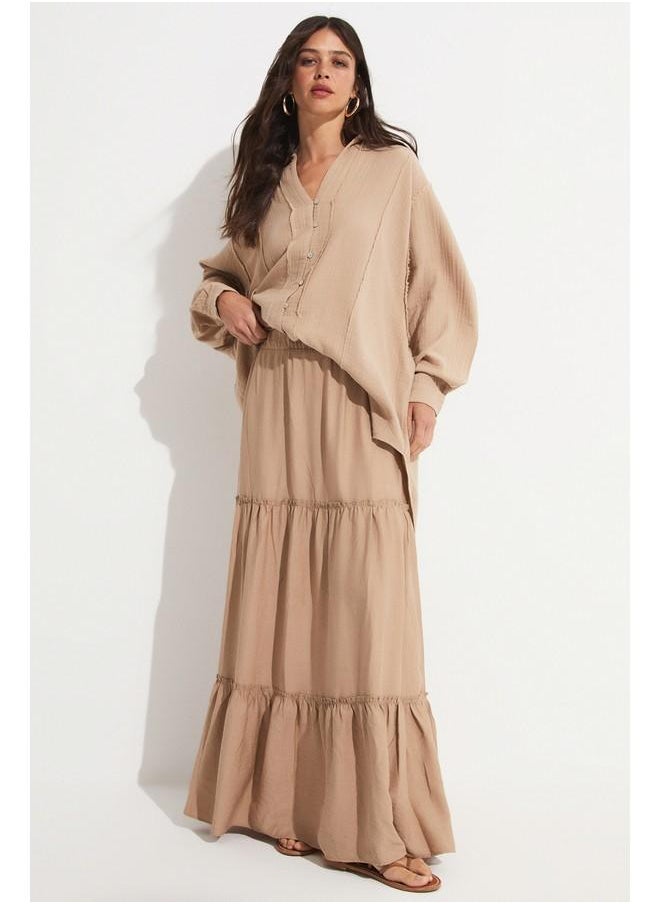 JUNE - June Exclusive Elastic Waist Viscose Blend Maxi Skirt Mink - Image 1