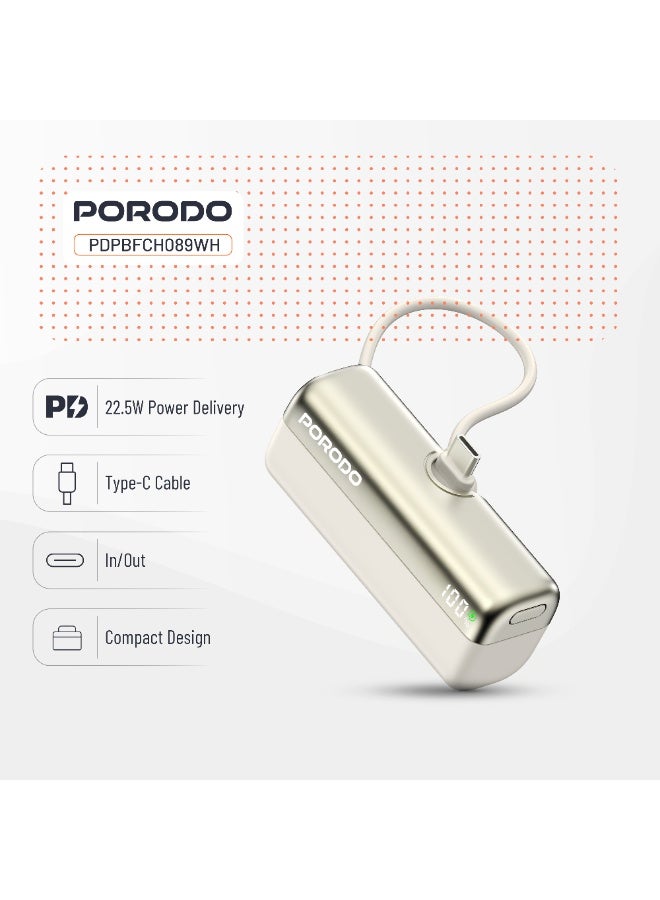 porodo Pocket Volt 5000mAh Power Bank with Built-in USB-C Connector, Compact Design, Reliable Power Bank 5000 mAh, Portable Device Charger, USB-C Fast Charger, Pocket-Sized Power Bank 5000 mAh - White - Image 2