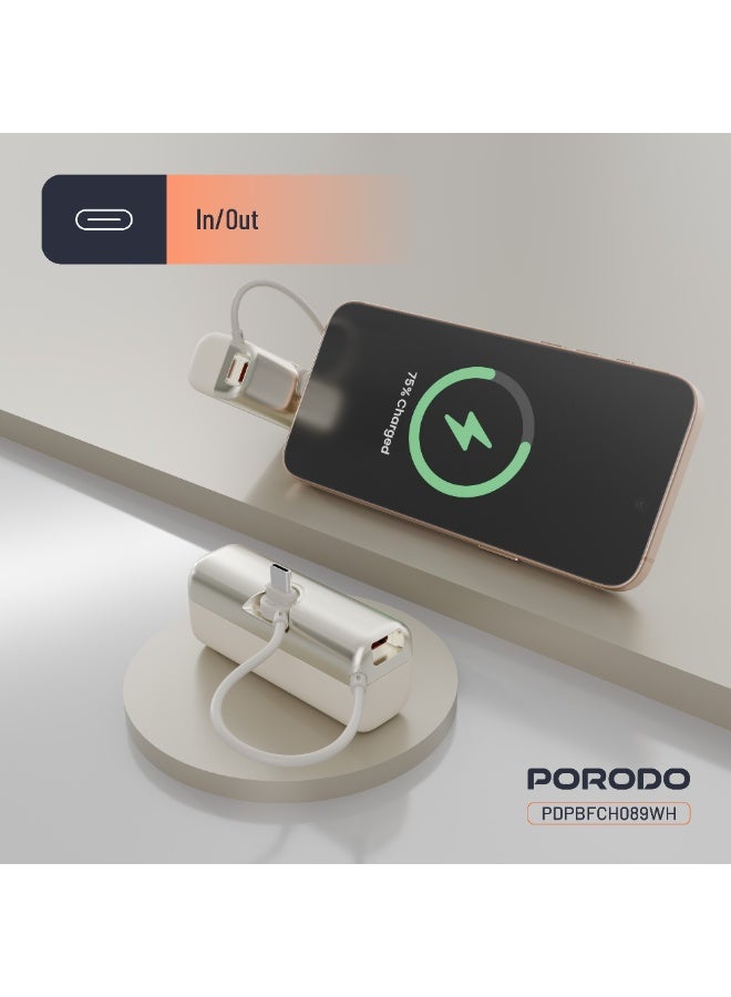 porodo Pocket Volt 5000mAh Power Bank with Built-in USB-C Connector, Compact Design, Reliable Power Bank 5000 mAh, Portable Device Charger, USB-C Fast Charger, Pocket-Sized Power Bank 5000 mAh - White - Image 3