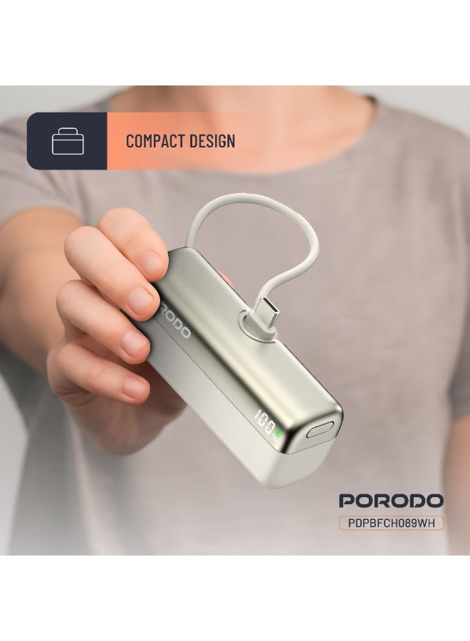 porodo Pocket Volt 5000mAh Power Bank with Built-in USB-C Connector, Compact Design, Reliable Power Bank 5000 mAh, Portable Device Charger, USB-C Fast Charger, Pocket-Sized Power Bank 5000 mAh - White - Image 4