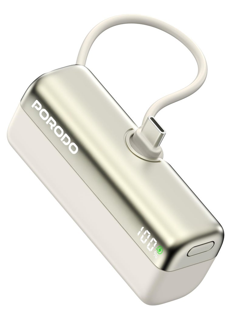 porodo Pocket Volt 5000mAh Power Bank with Built-in USB-C Connector, Compact Design, Reliable Power Bank 5000 mAh, Portable Device Charger, USB-C Fast Charger, Pocket-Sized Power Bank 5000 mAh - White - Image 1