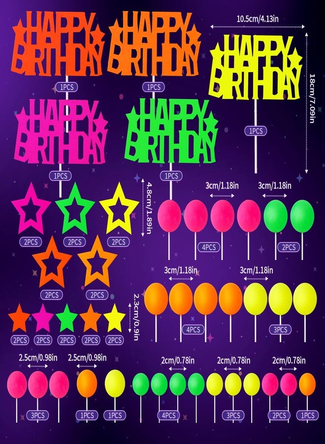 Zafena 53pcs Neon Cake Decorations Glow Cake Toppers with Ball Star and Happy Birthday Toppers UV Reactive Party Decorations for Neon Cakes Black Light Birthday Party Supplies - Image 2