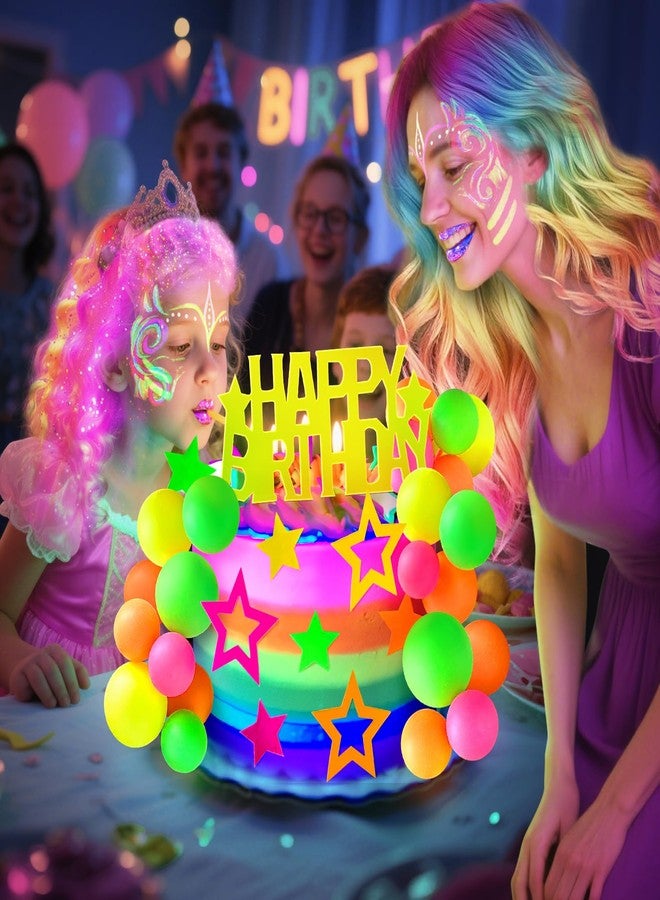 Zafena 53pcs Neon Cake Decorations Glow Cake Toppers with Ball Star and Happy Birthday Toppers UV Reactive Party Decorations for Neon Cakes Black Light Birthday Party Supplies - Image 4