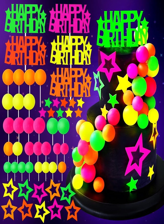 Zafena 53pcs Neon Cake Decorations Glow Cake Toppers with Ball Star and Happy Birthday Toppers UV Reactive Party Decorations for Neon Cakes Black Light Birthday Party Supplies - Image 1