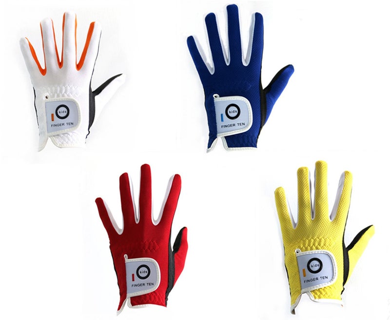 FINGER TEN FINGER TEN Junior Kids Dura Feel White Blue Red Yellow Golf Gloves Extra Value 2 Pack (Large White, Left) - Image 1