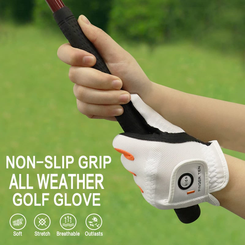 FINGER TEN FINGER TEN Junior Kids Dura Feel White Blue Red Yellow Golf Gloves Extra Value 2 Pack (Large White, Left) - Image 4