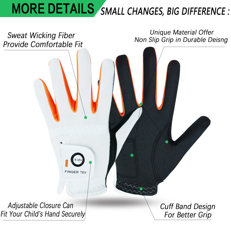 FINGER TEN FINGER TEN Junior Kids Dura Feel White Blue Red Yellow Golf Gloves Extra Value 2 Pack (Large White, Left) - Image 2
