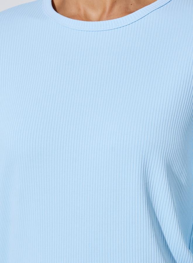 Styli Light Blue Long Sleeve Ribbed Knit Top - Image 3