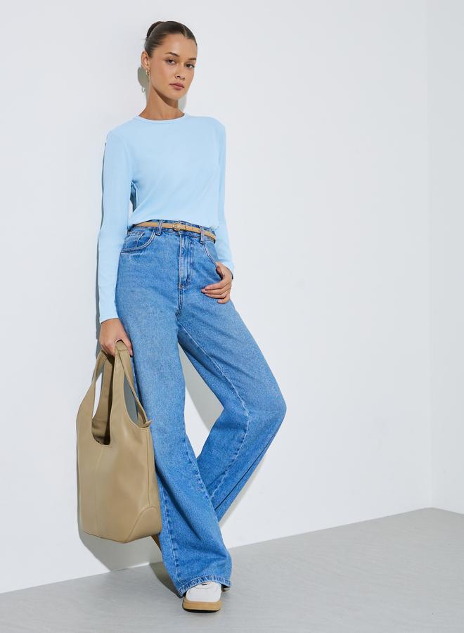 Styli Light Blue Long Sleeve Ribbed Knit Top - Image 2