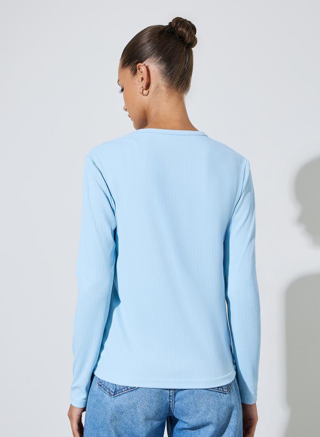 Styli Light Blue Long Sleeve Ribbed Knit Top - Image 4