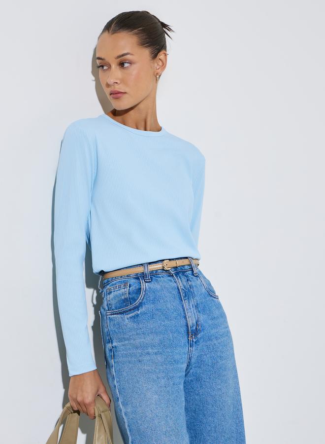 Styli Light Blue Long Sleeve Ribbed Knit Top - Image 1