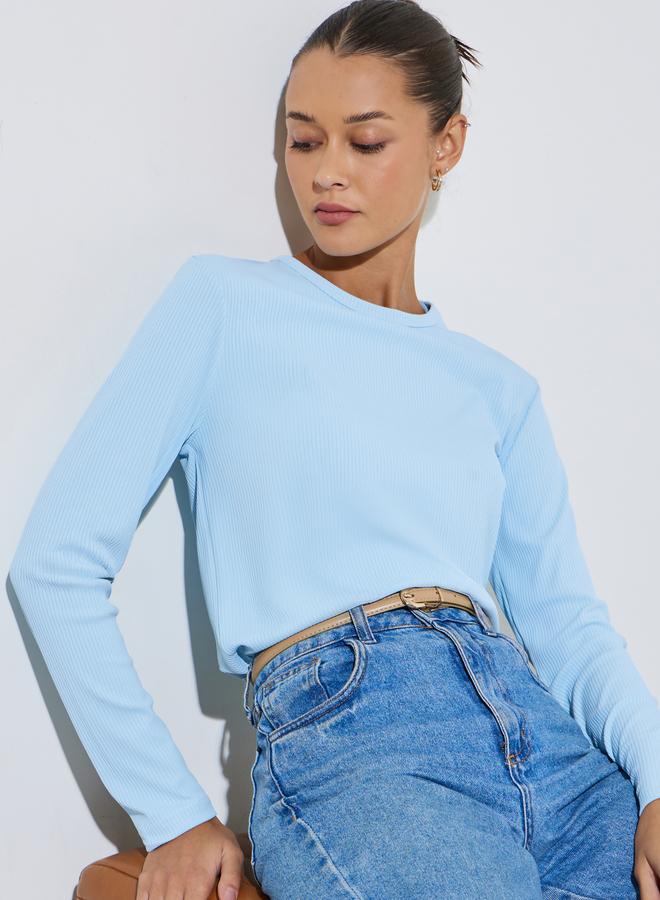 Styli Light Blue Long Sleeve Ribbed Knit Top - Image 5