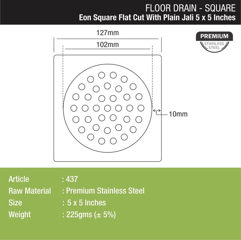 LIPKA Eon Square Flat Cut with Palin Floor Drain |Premium Stainless Steel |5 x 5 Inches| - Image 2