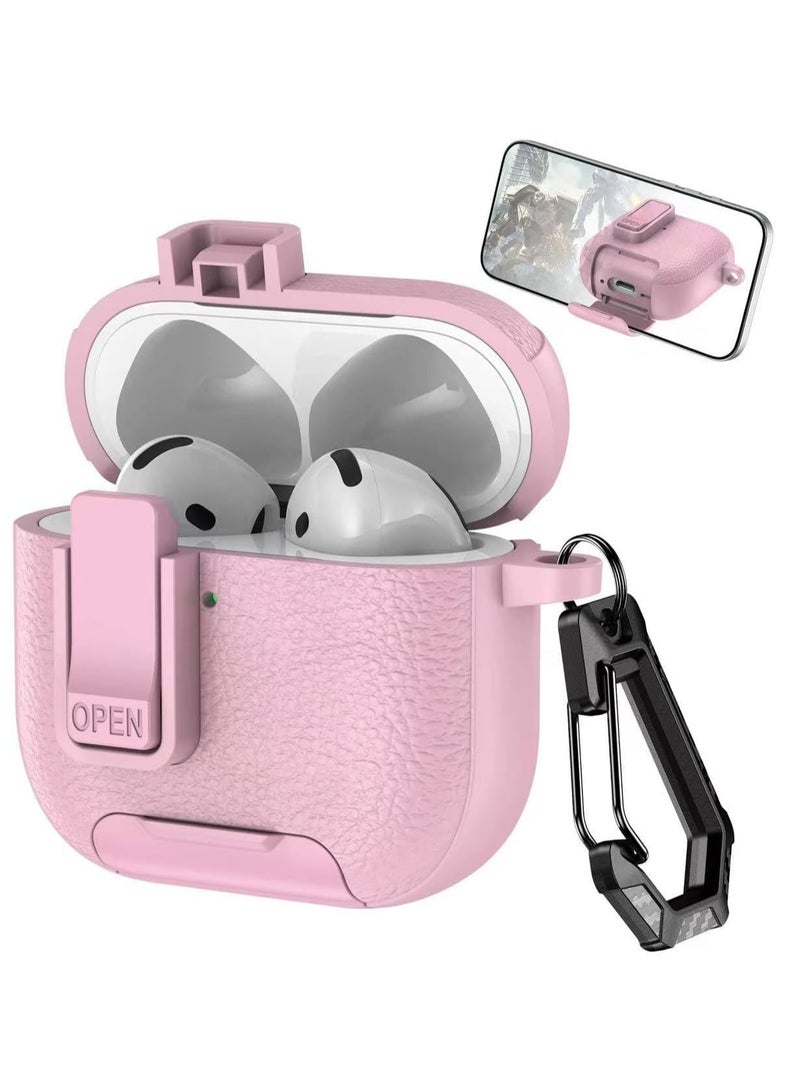 AirPods 4 Case with Phone Stand, Secure Lock Design Silicone Protection with Leather Texture for Airpod 4 (pink)