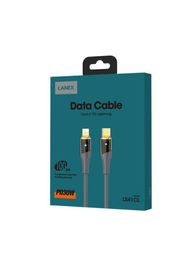LANEX LANEX LS41CL PD30W TYPE-C TO LIGHTNING TRANSPARENT FAST CHARGING CABLE 1M - GREY  - Image 3