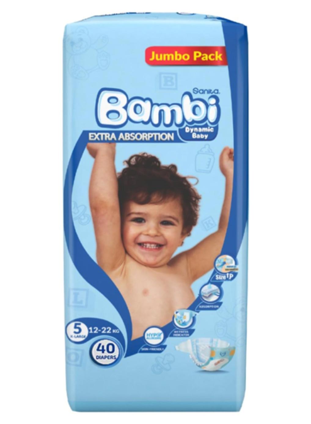 Sanita Bambi Sanita Baby Diapers, Size 5, X-Large,12-22 kg, Jumbo Pack, 40 Diapers