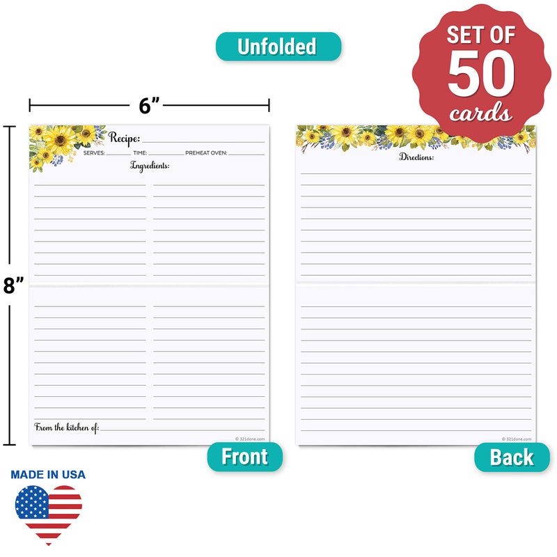 321Done Folding Recipe Cards Sunflowers (Set of 50) X-Large - Made in USA - Folds to 4x6 from 8x6 - Floral Sun Flowers White - From the Kitchen Retro Vintage Thick Cardstock Jumbo Folded Double-Sided - Image 2