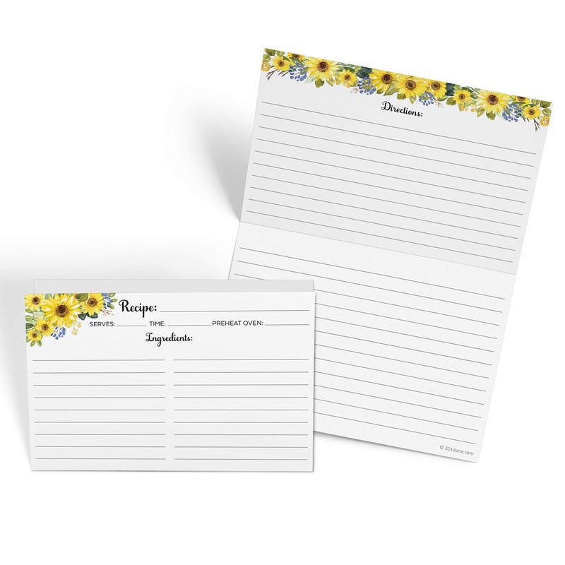 321Done Folding Recipe Cards Sunflowers (Set of 50) X-Large - Made in USA - Folds to 4x6 from 8x6 - Floral Sun Flowers White - From the Kitchen Retro Vintage Thick Cardstock Jumbo Folded Double-Sided - Image 1