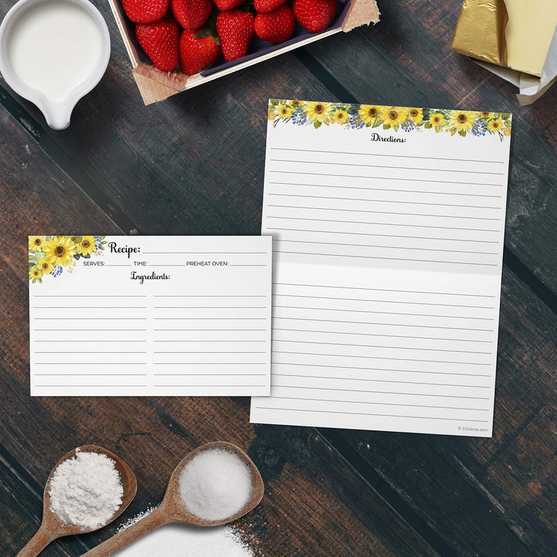 321Done Folding Recipe Cards Sunflowers (Set of 50) X-Large - Made in USA - Folds to 4x6 from 8x6 - Floral Sun Flowers White - From the Kitchen Retro Vintage Thick Cardstock Jumbo Folded Double-Sided - Image 3